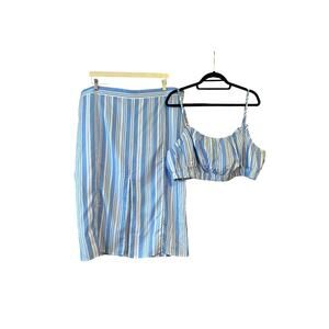 NWT Lemlem x H&M Women's Stripe Linen Blend Top/Midi Skirt Set Blue/White SZ 18